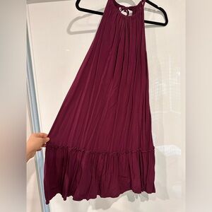 Burgundy Red Wine Halter strap midi dress with pleated bottom size 8-10